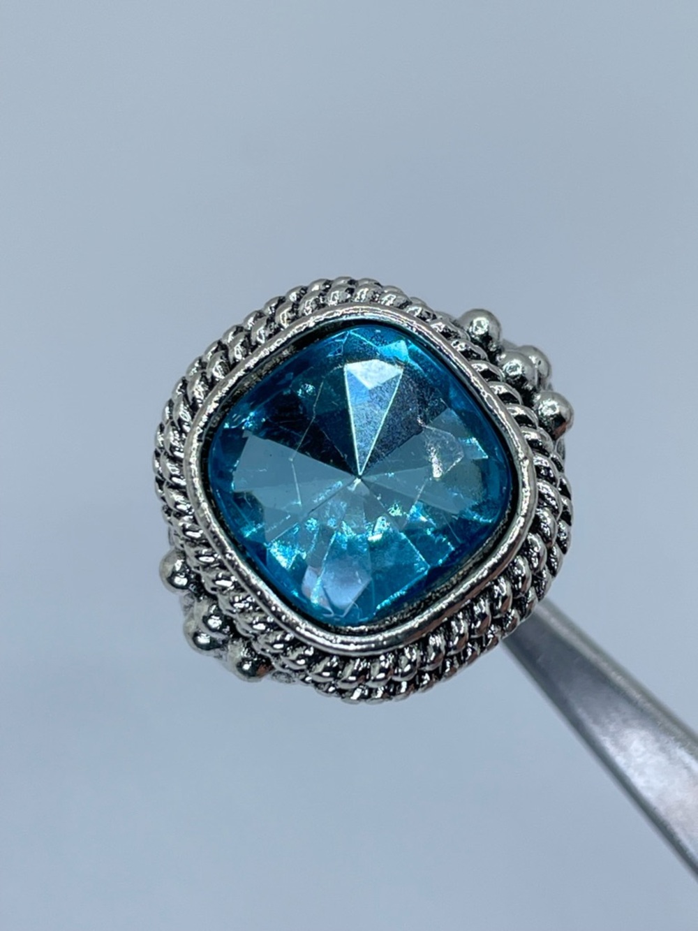 Silver Blue Topaz CZ Cable Rope Bezel Statement Ring Rustic Look Boho Modern
